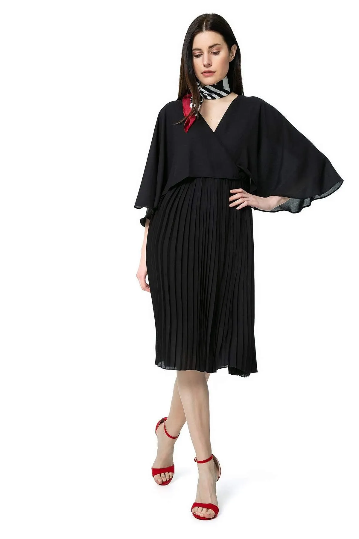 13021 Black Chiffon Cape Bleated Dress