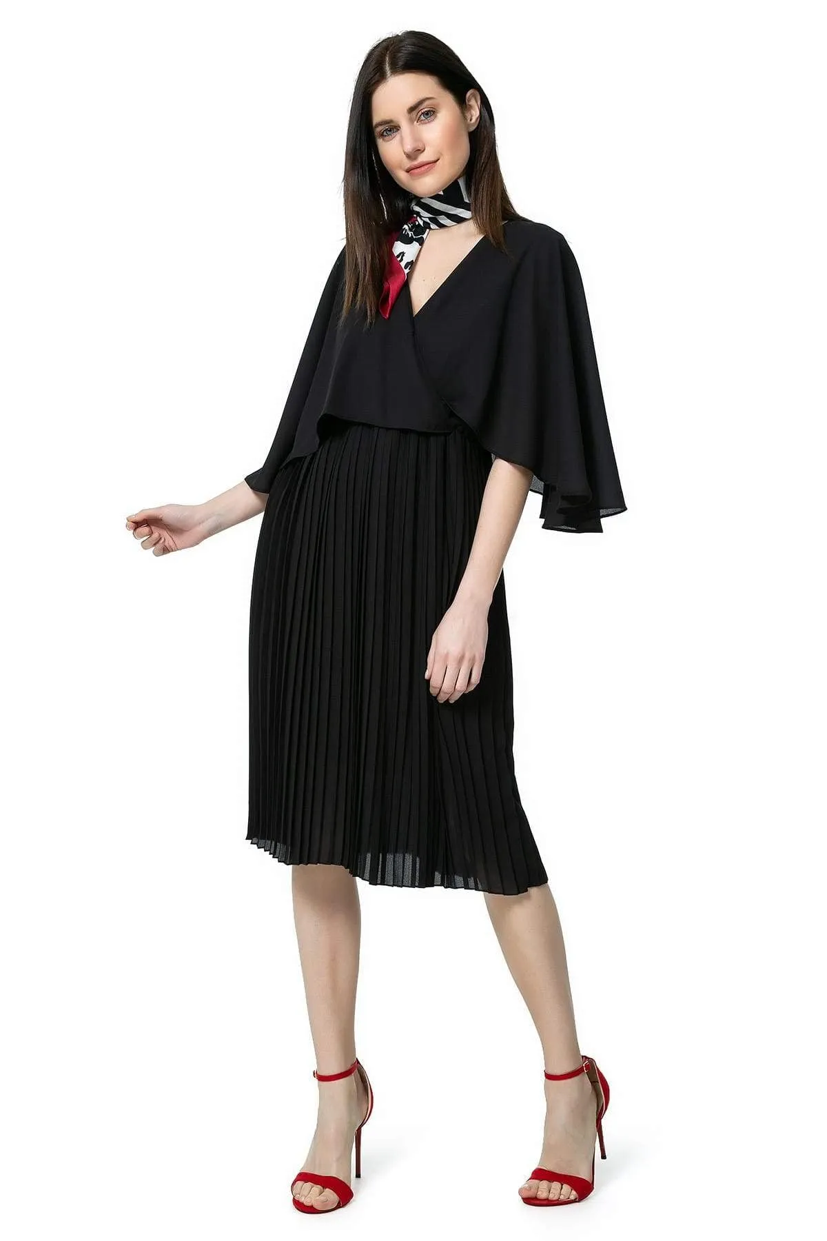 13021 Black Chiffon Cape Bleated Dress