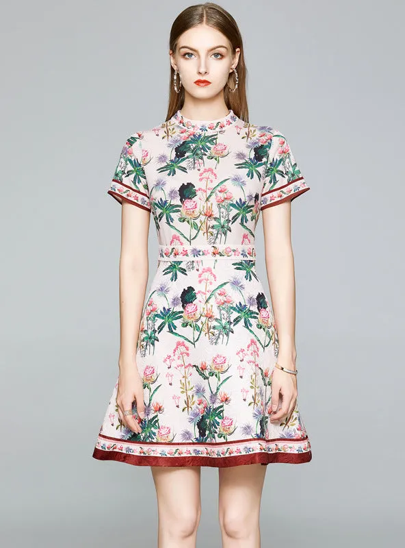 A-line Female Collar Waist Print Dress