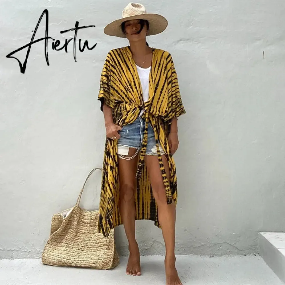 Beach Cover Ups for Swimwear Women Black Tie Dye Kimono Swimsuit Cape Summer Dress Beachwear Outfits Sales
