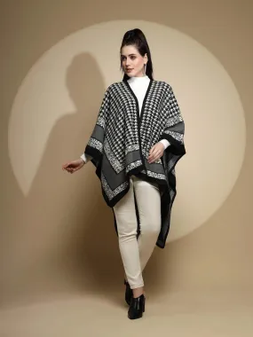 Black Check Print Kimono Sleeve V-Neck Acrylic Cape