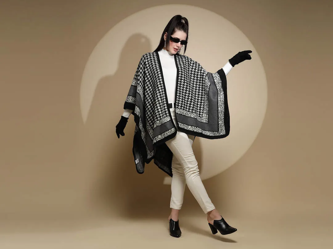 Black Check Print Kimono Sleeve V-Neck Acrylic Cape