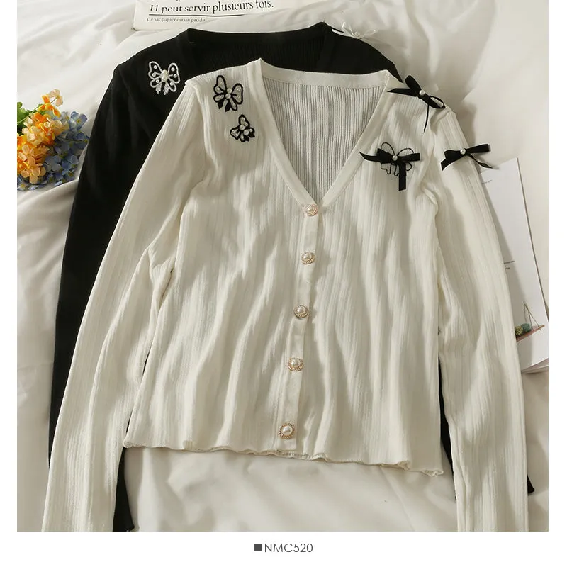 Bow decorative low neck single breasted sweater women's autumn dress  2011