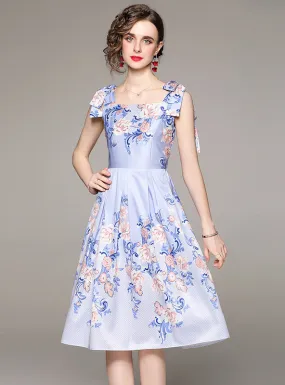 Bow Tie Strap Print Blue Dress
