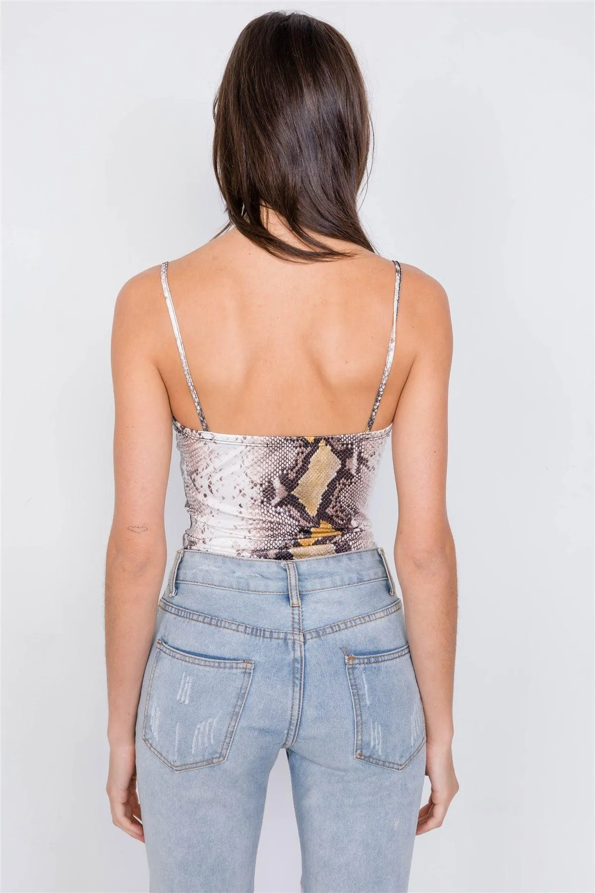 Brown Snake Print Lace Trim V-Neck Combo Bodysuit
