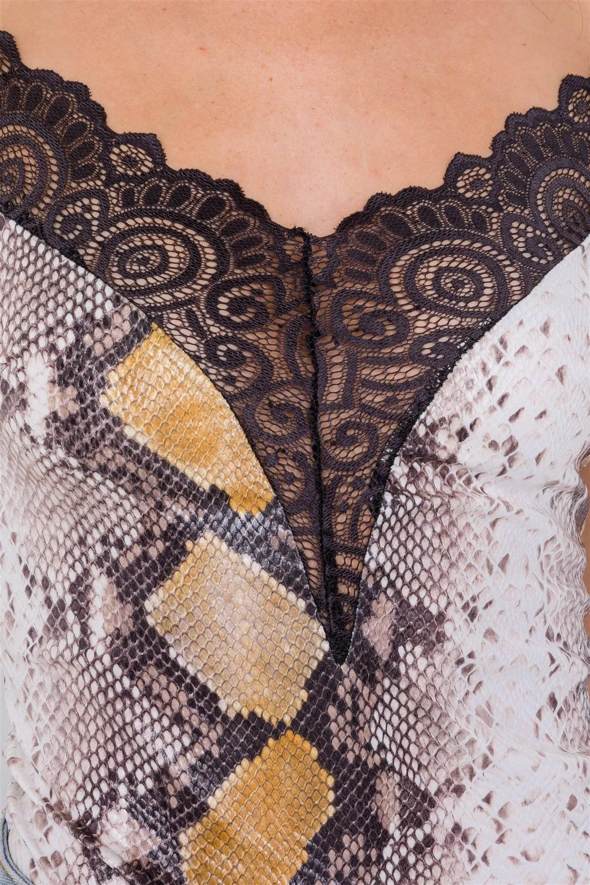 Brown Snake Print Lace Trim V-Neck Combo Bodysuit