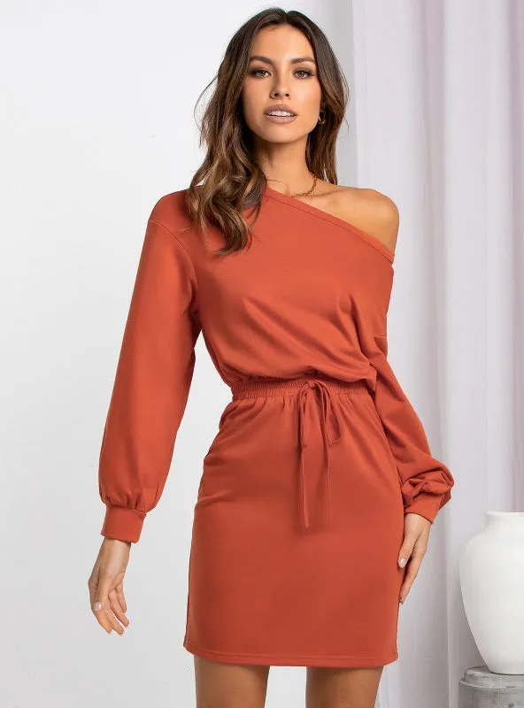 Fashion Slanted Shoulders and Round Neck Dress