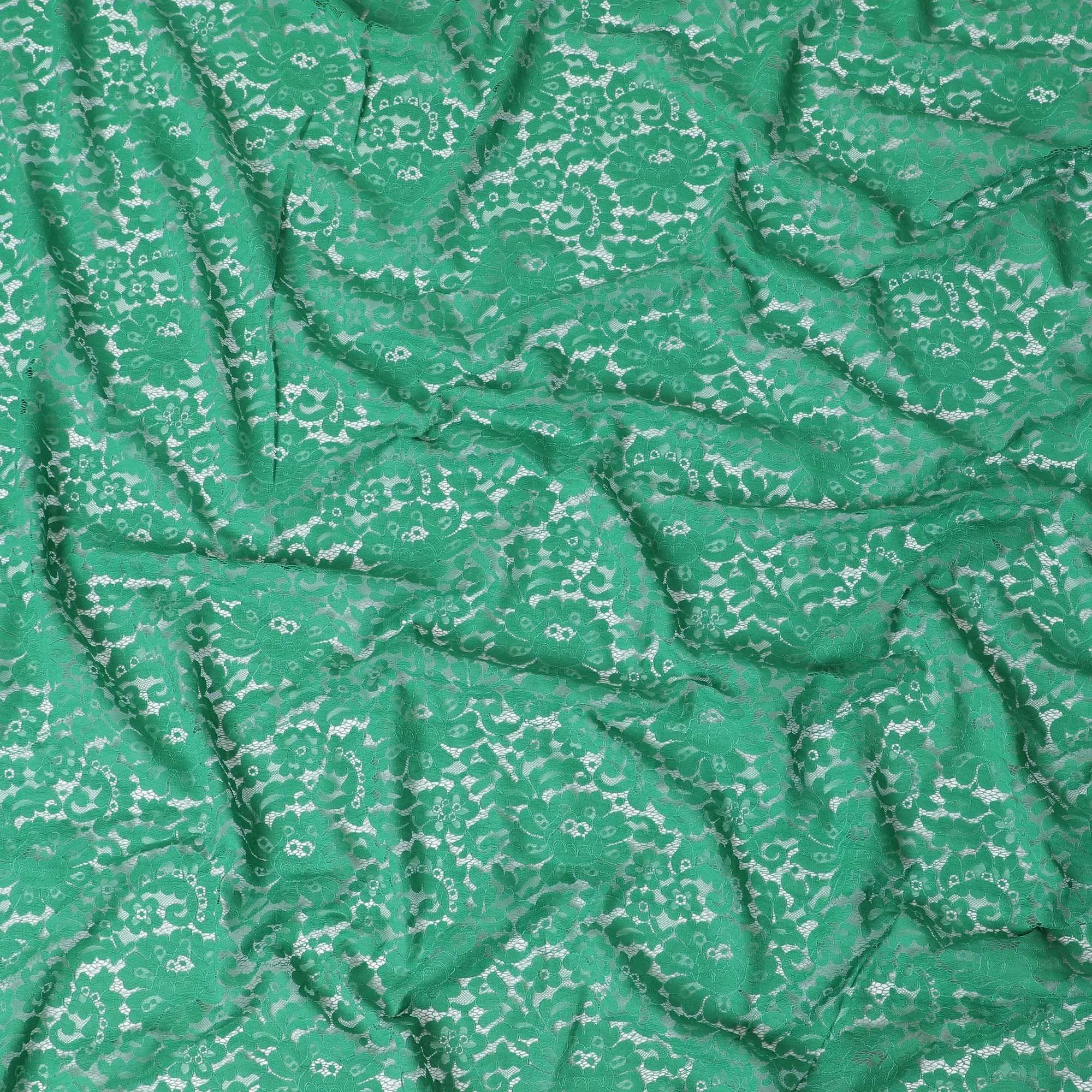 Jade green lace fabric with same tone embroidery in floral design-D11757