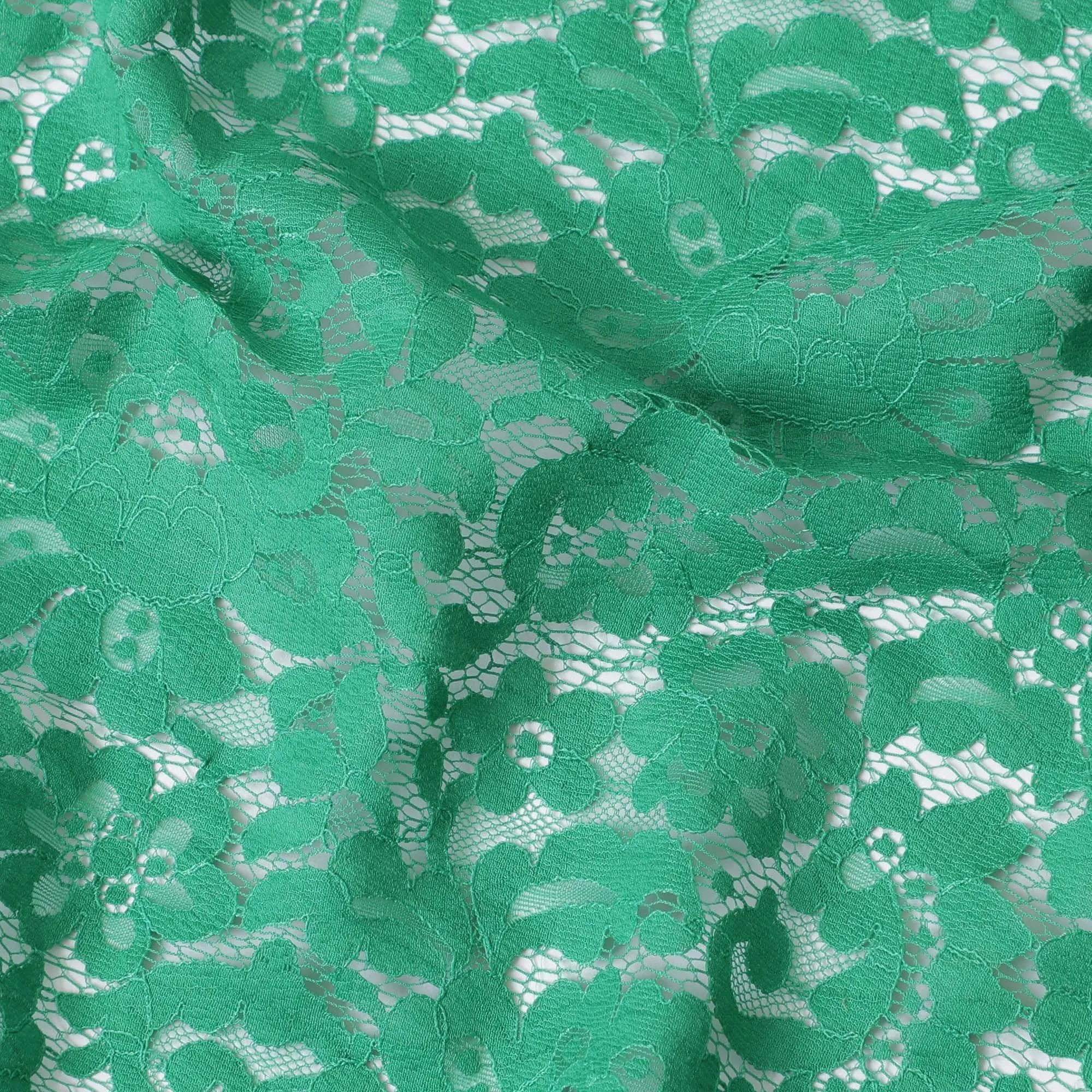 Jade green lace fabric with same tone embroidery in floral design-D11757