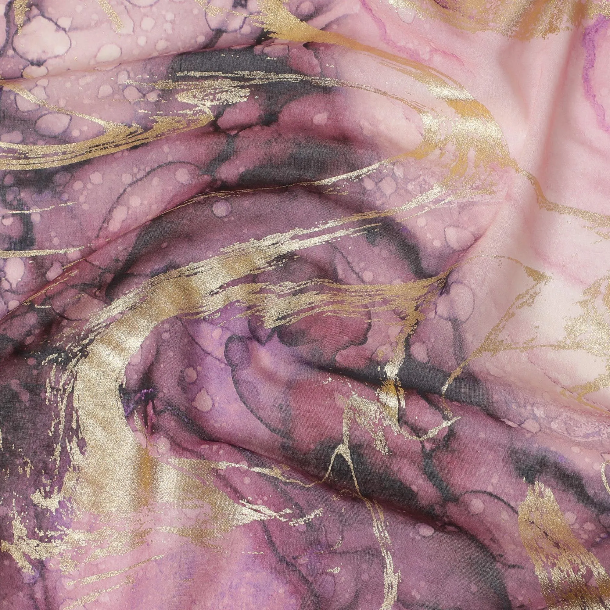 Light pink Premium Pure Italian cotton voile fabric with multicolor print having golden foil in abstract design-D15706