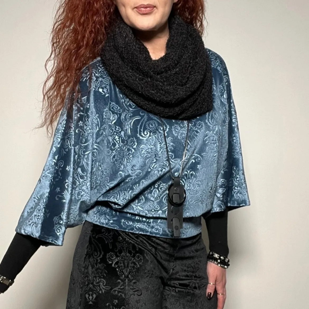 Louisa Top - Luxe embossed velvet in steel blue