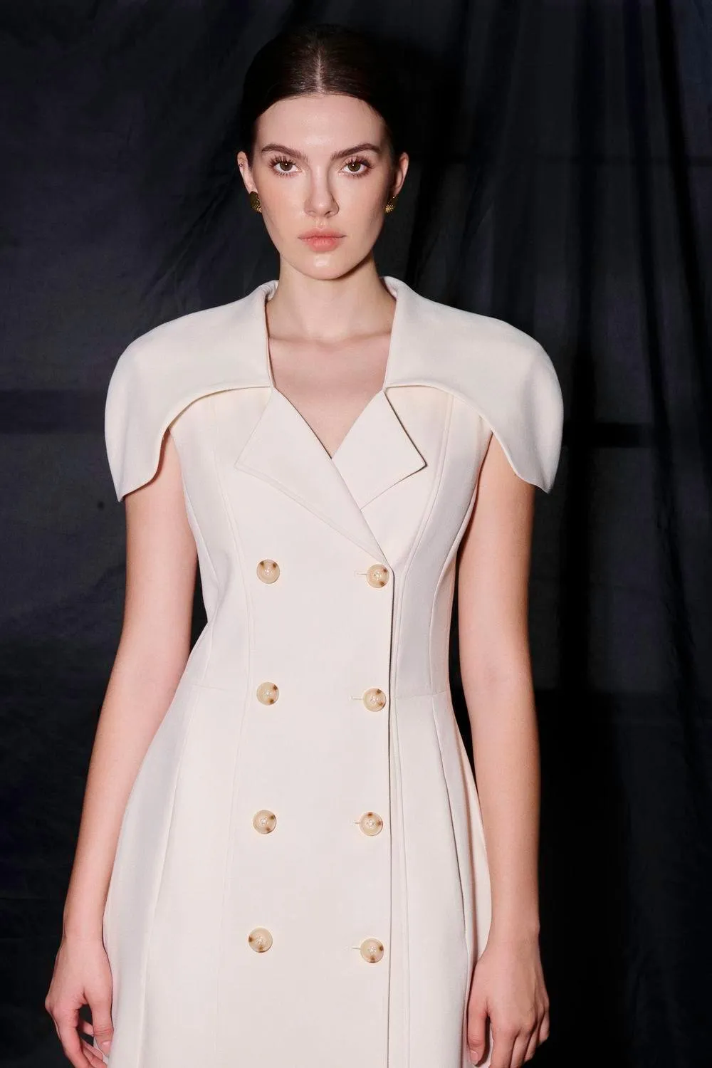 Lucia Sheath Cape Shoulder Twill Midi Dress
