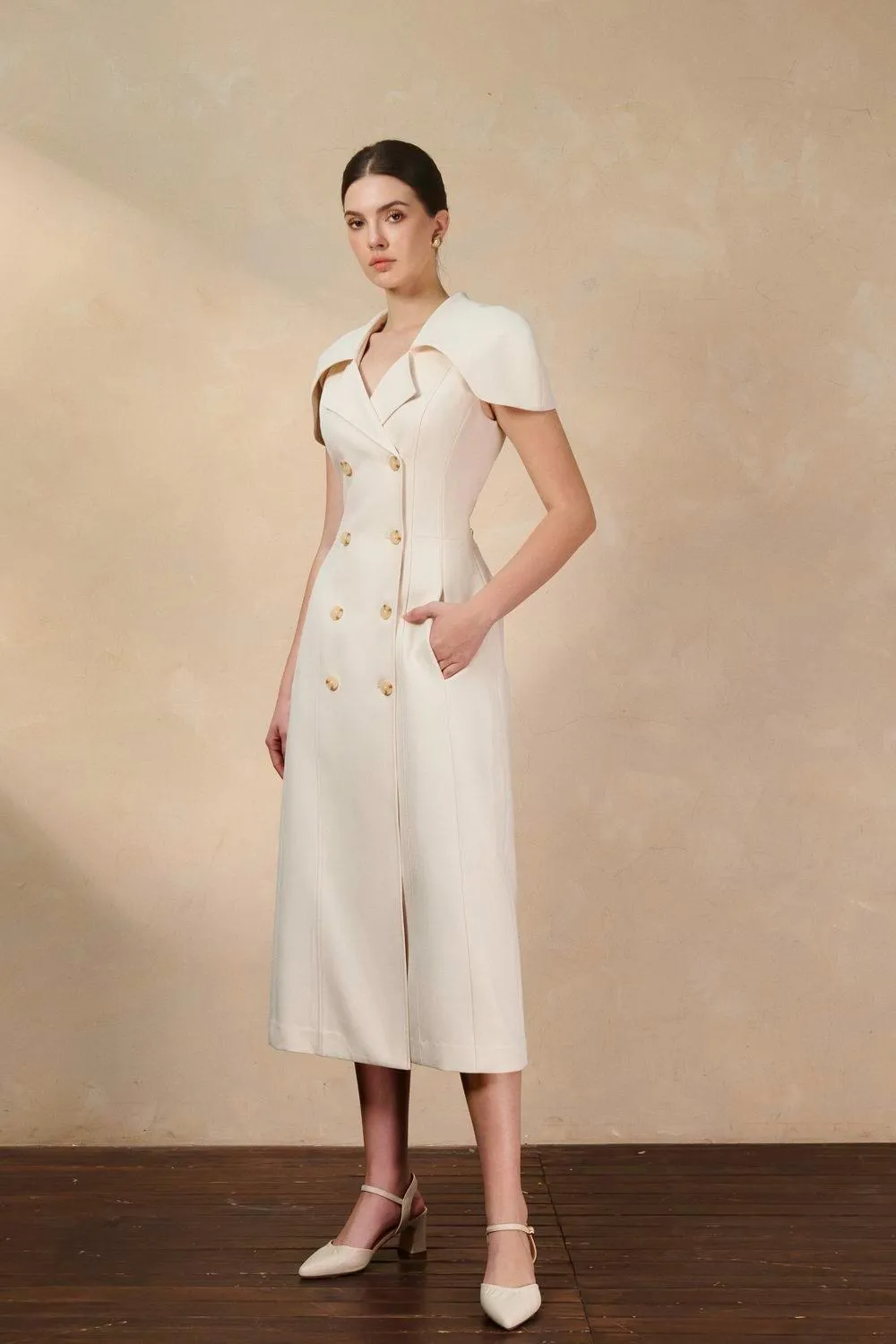 Lucia Sheath Cape Shoulder Twill Midi Dress