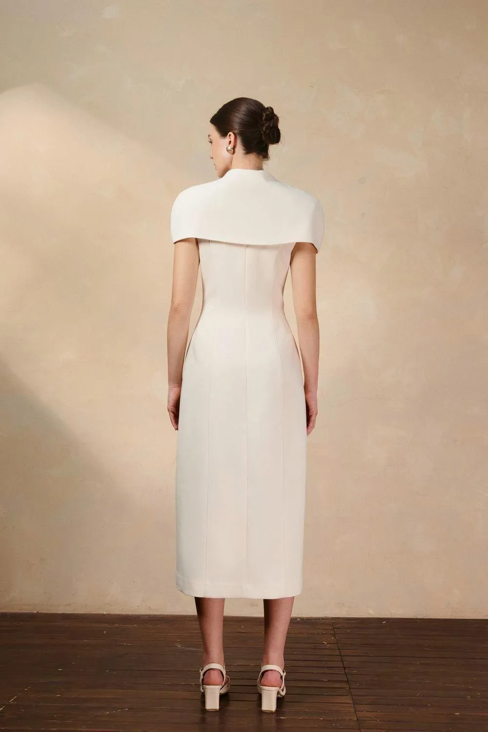 Lucia Sheath Cape Shoulder Twill Midi Dress