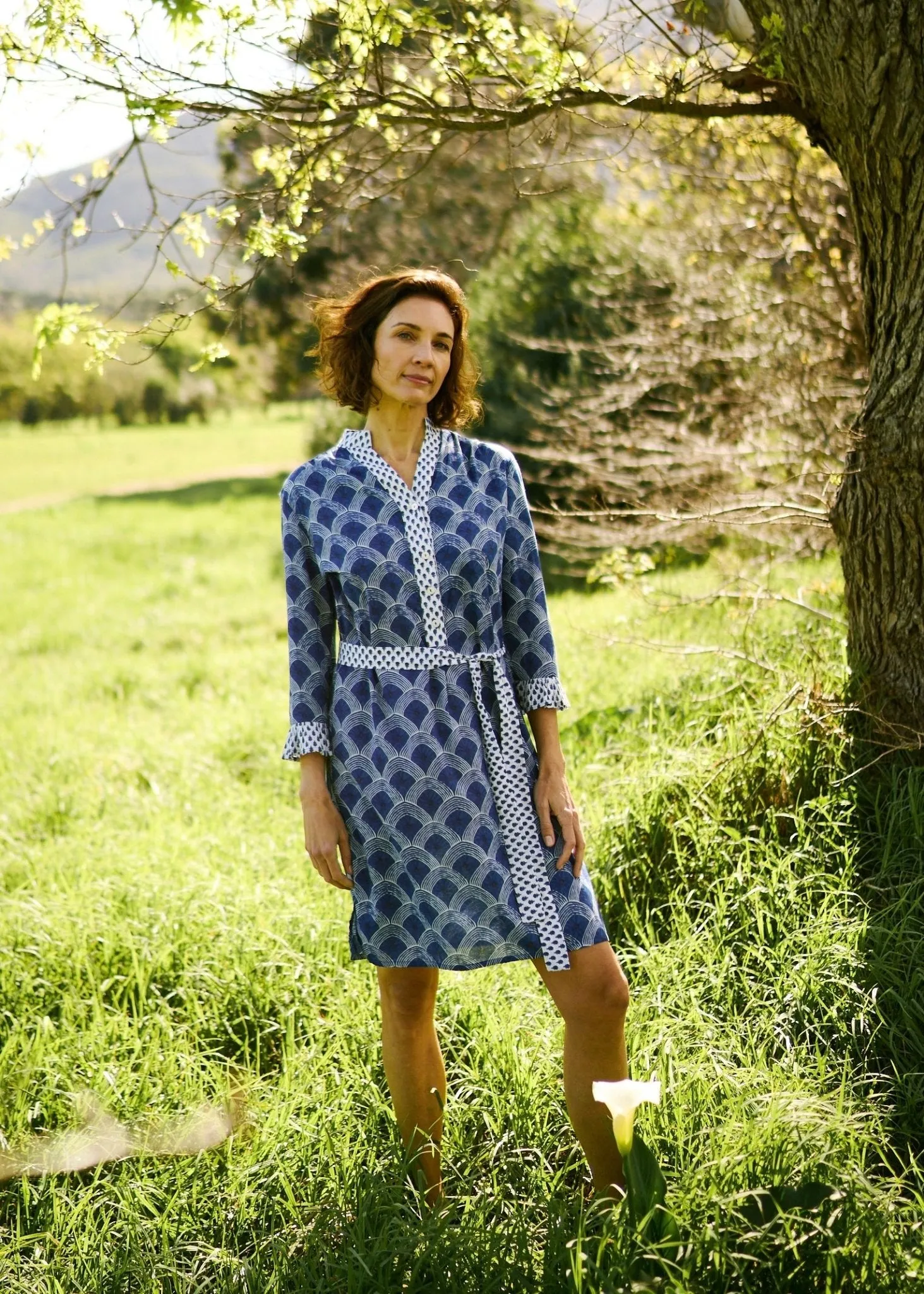 Mandarin Tunic Dress With Half Circle Print In Blue