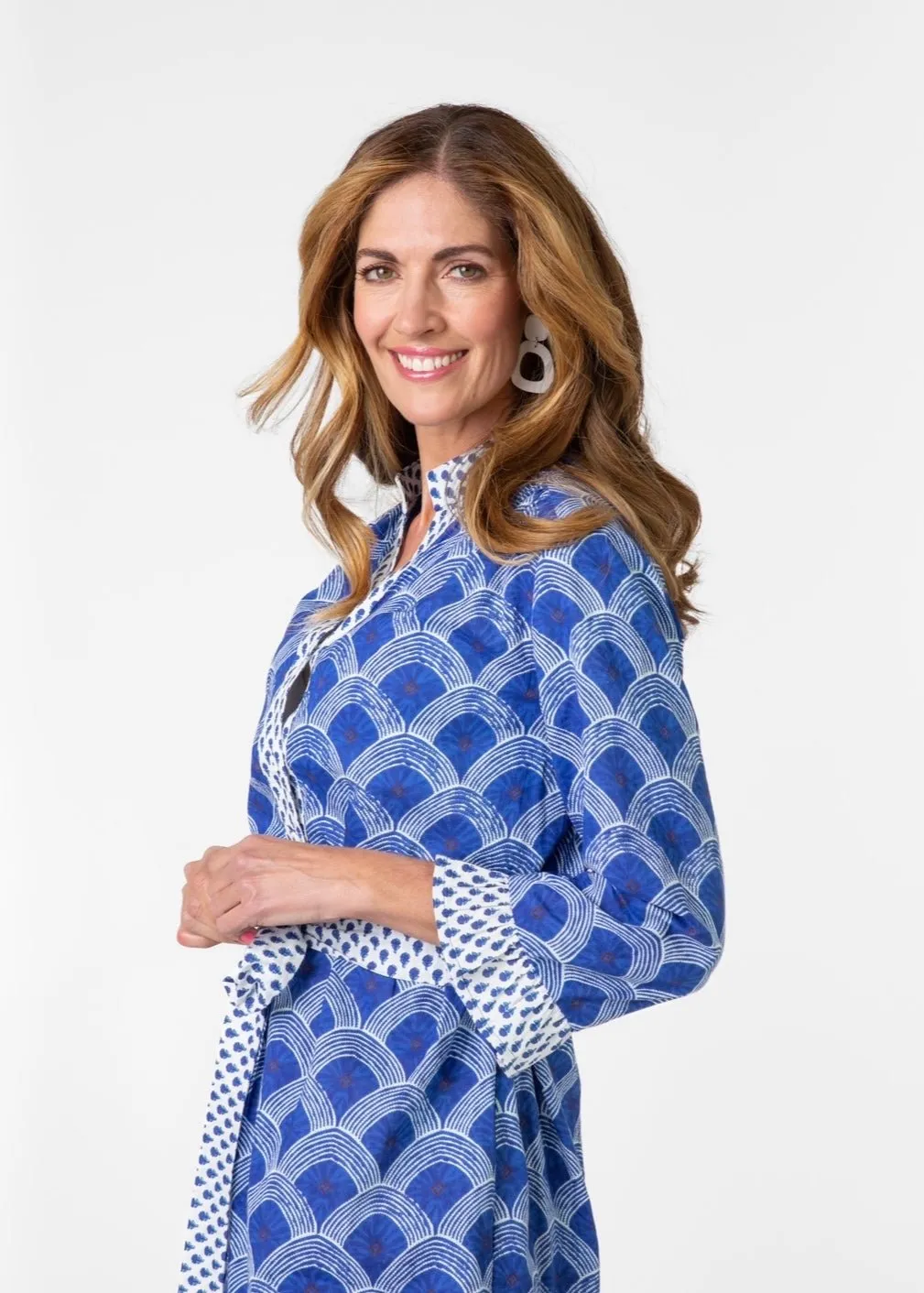 Mandarin Tunic Dress With Half Circle Print In Blue