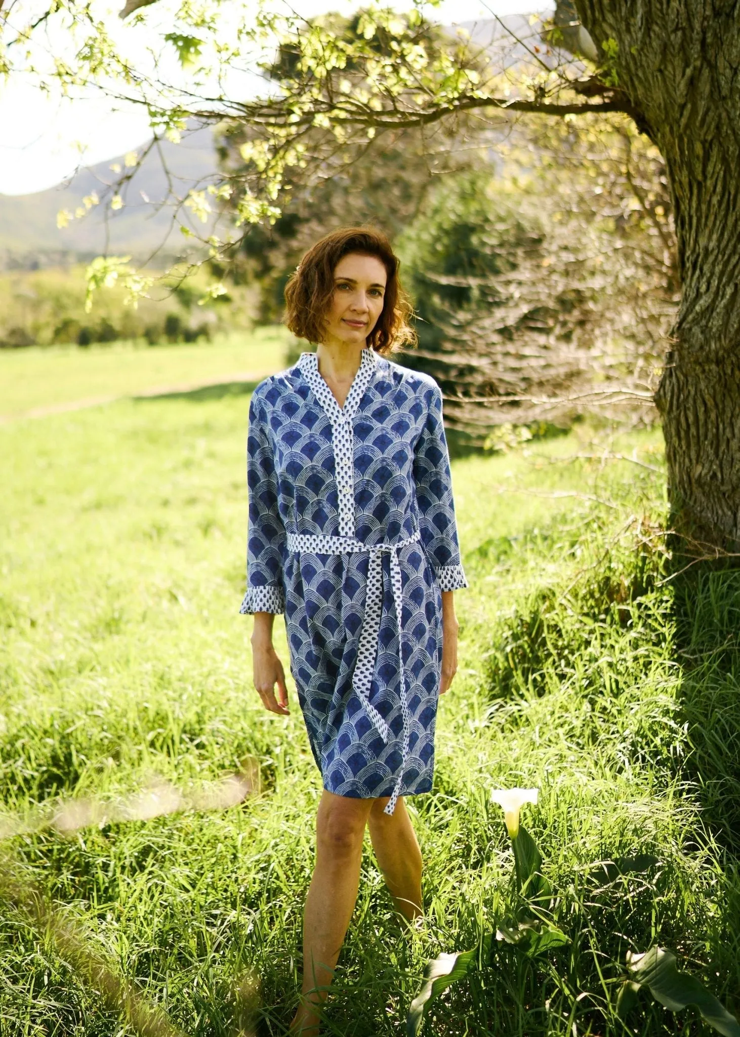 Mandarin Tunic Dress With Half Circle Print In Blue