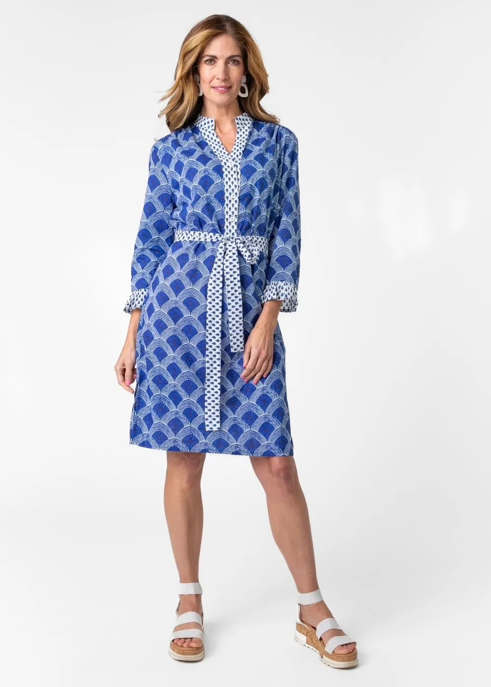 Mandarin Tunic Dress With Half Circle Print In Blue