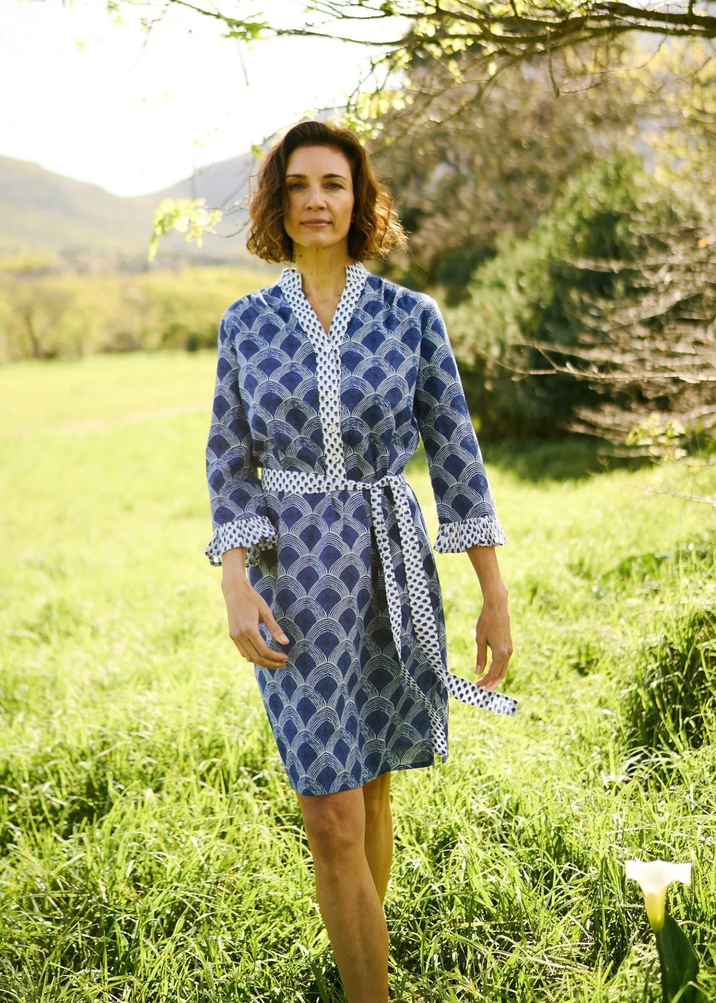 Mandarin Tunic Dress With Half Circle Print In Blue