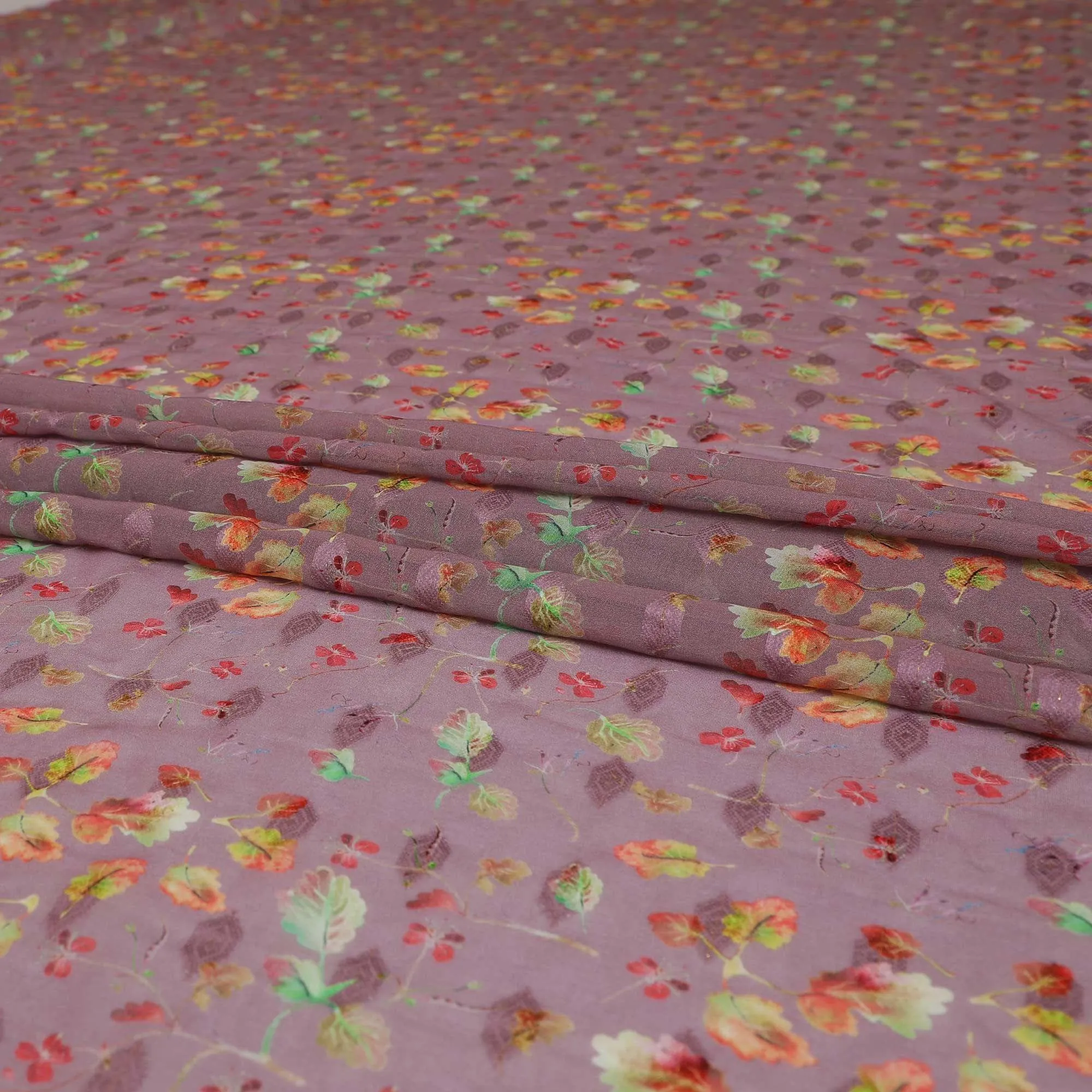 Mauve cotton voile fabric with same tone jacquard having multicolor print in floral design-D9122