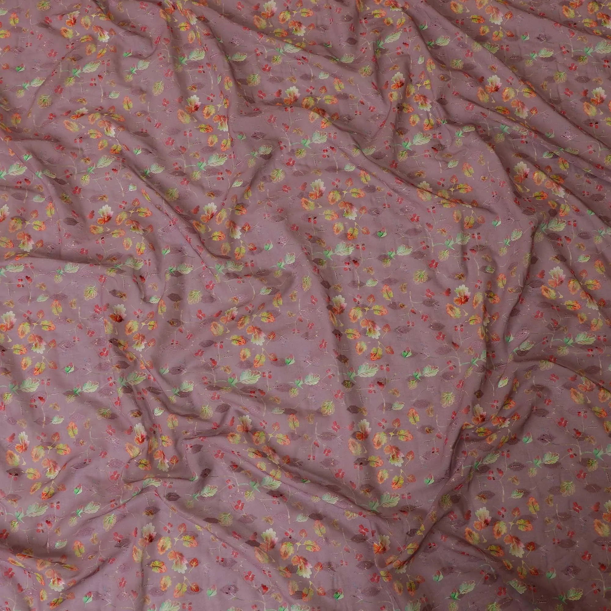 Mauve cotton voile fabric with same tone jacquard having multicolor print in floral design-D9122