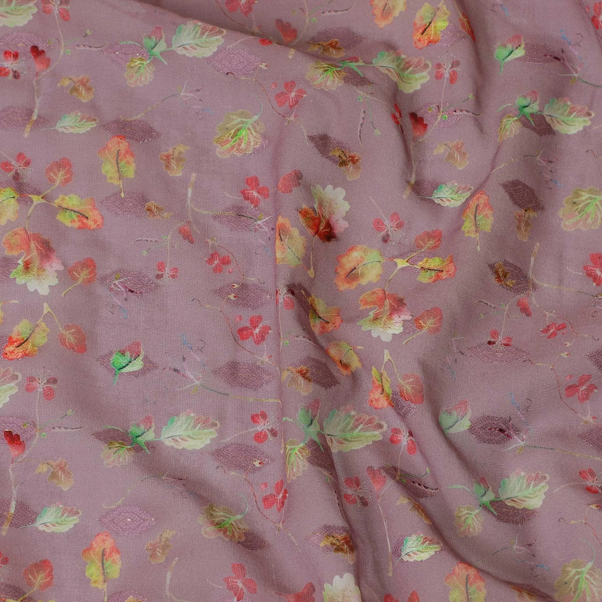 Mauve cotton voile fabric with same tone jacquard having multicolor print in floral design-D9122