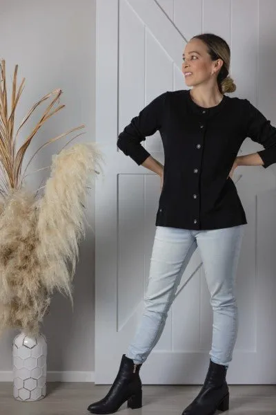 MERINO BUTTON CARDIGAN WOMENS LONG SLEEVES CREW NECK BLACK