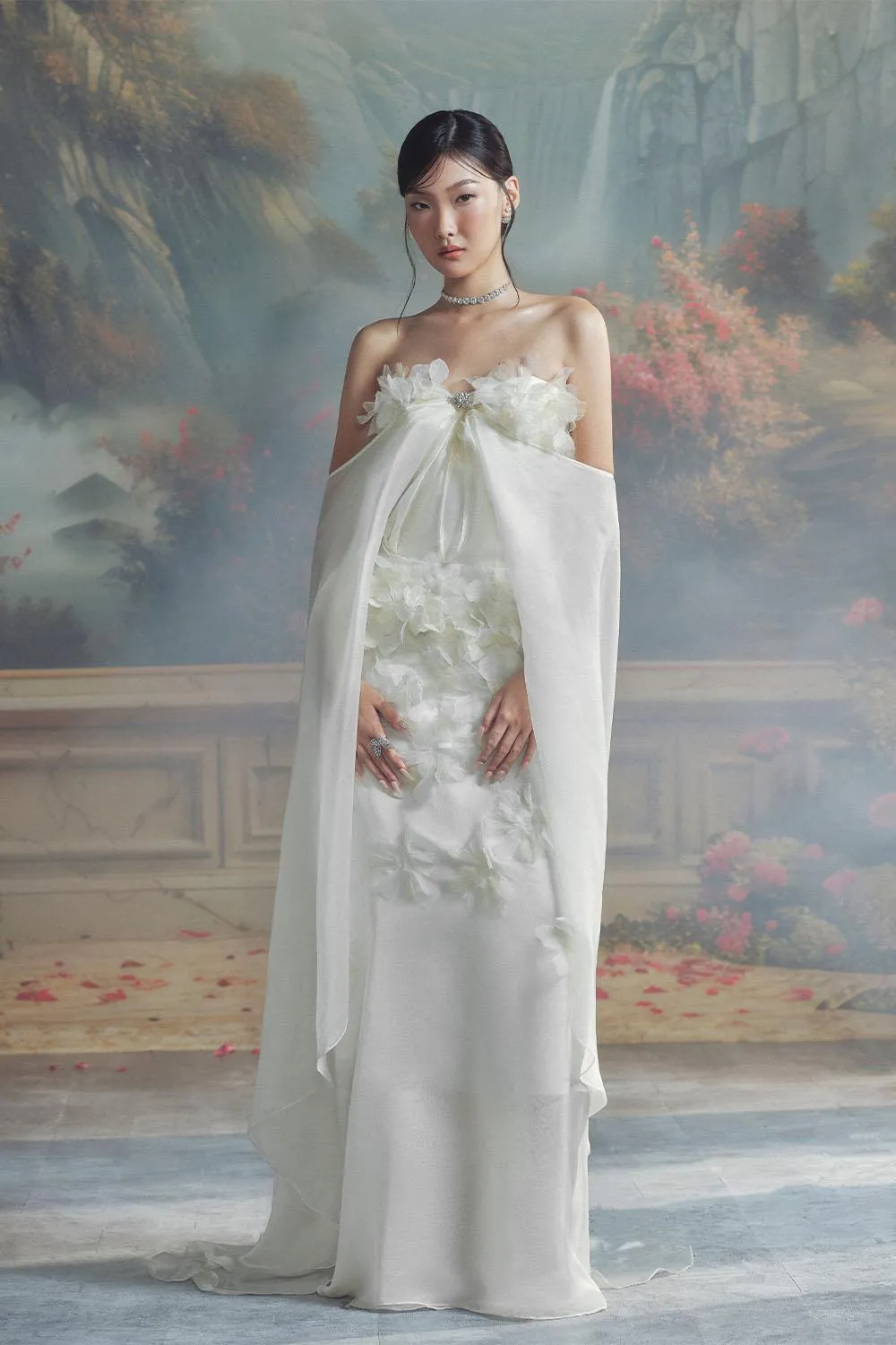 Nicolette A-line Cape Sleeved Chiffon Floor Length Dress