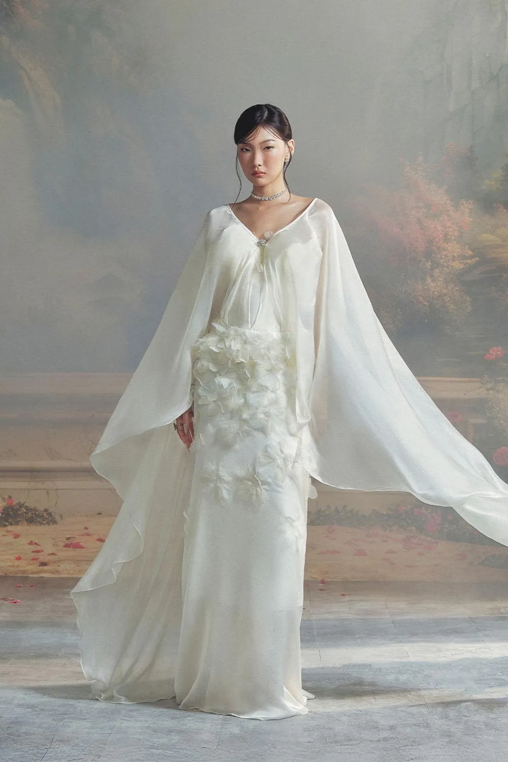 Nicolette A-line Cape Sleeved Chiffon Floor Length Dress