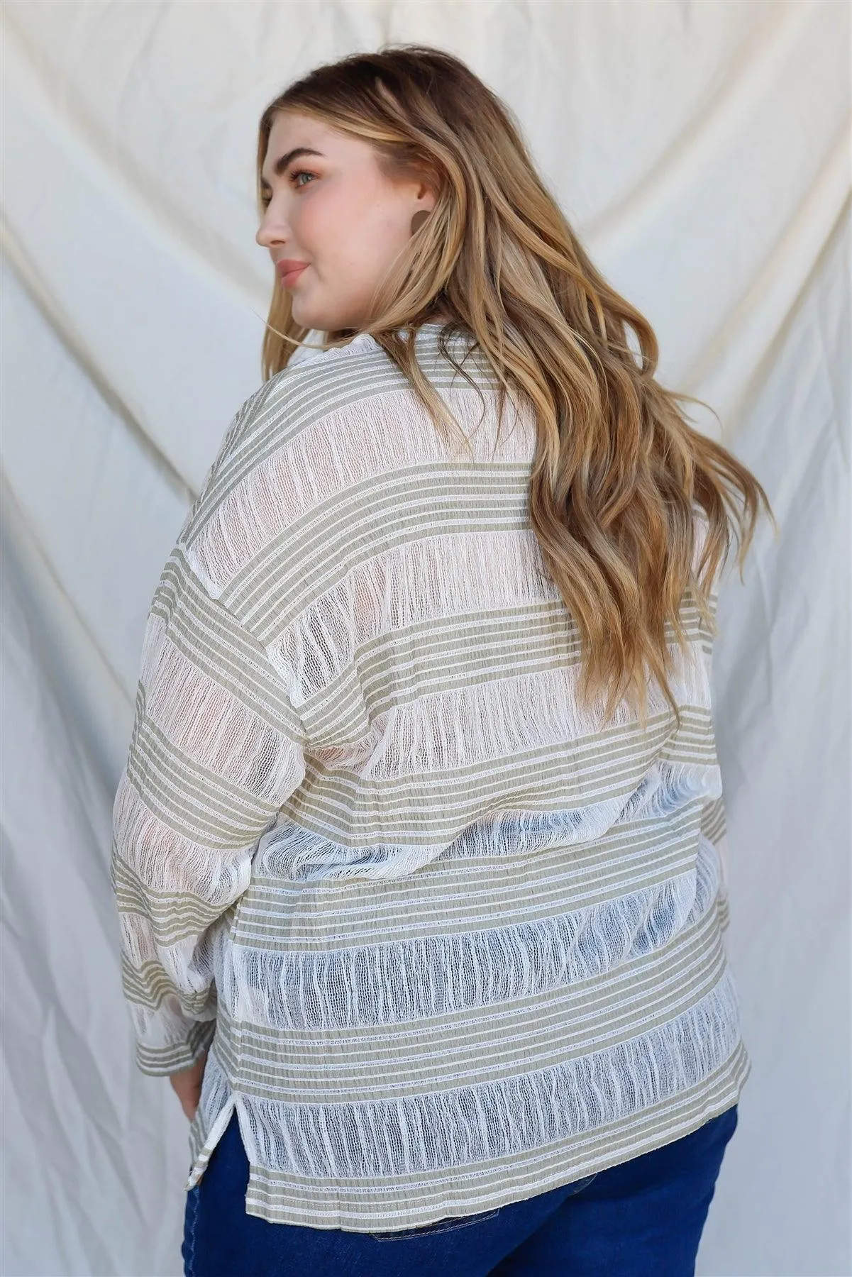 Plus Size Sage Crochet Stripe Long Sleeve Semi-Sheer Top