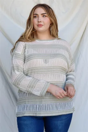 Plus Size Sage Crochet Stripe Long Sleeve Semi-Sheer Top