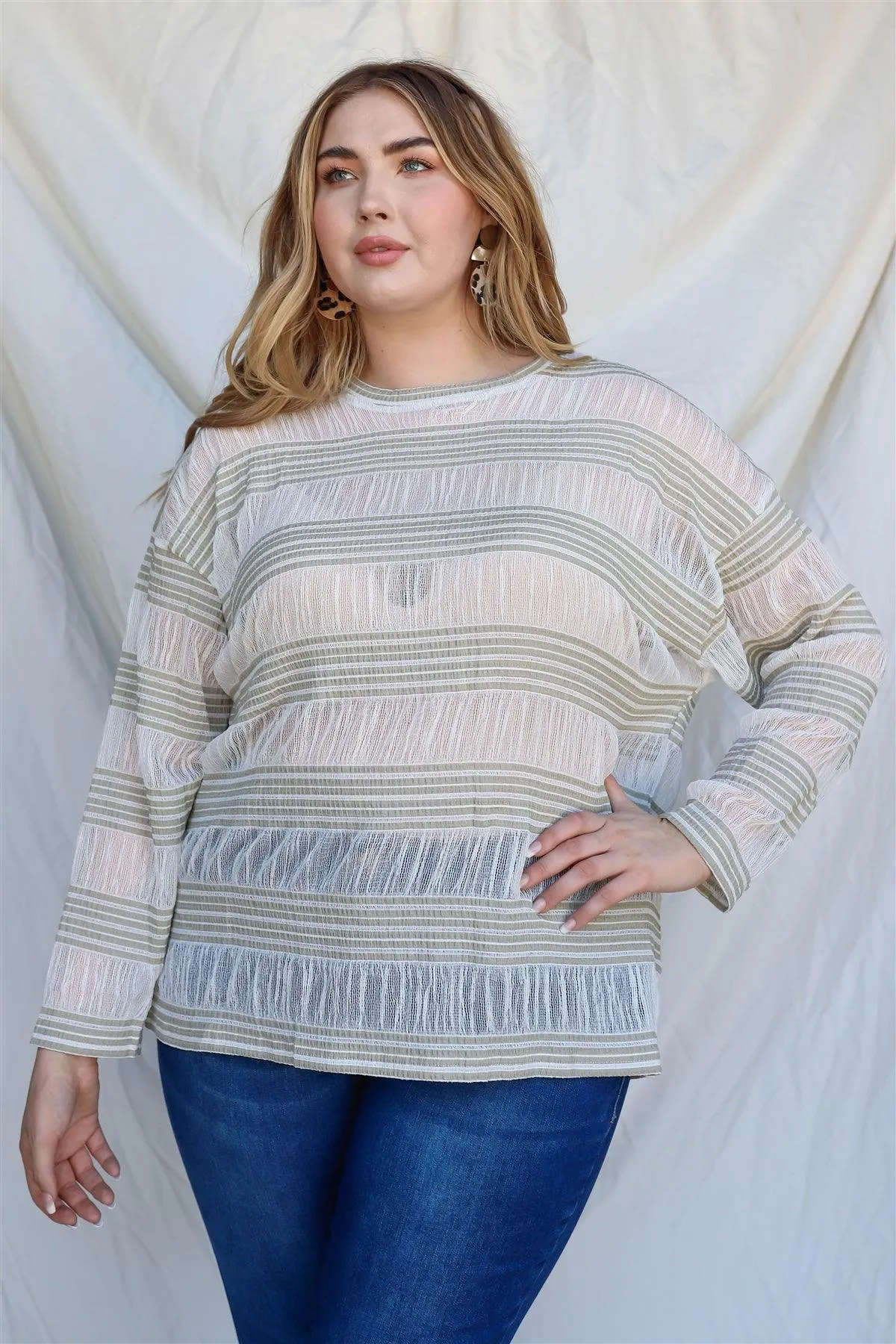 Plus Size Sage Crochet Stripe Long Sleeve Semi-Sheer Top