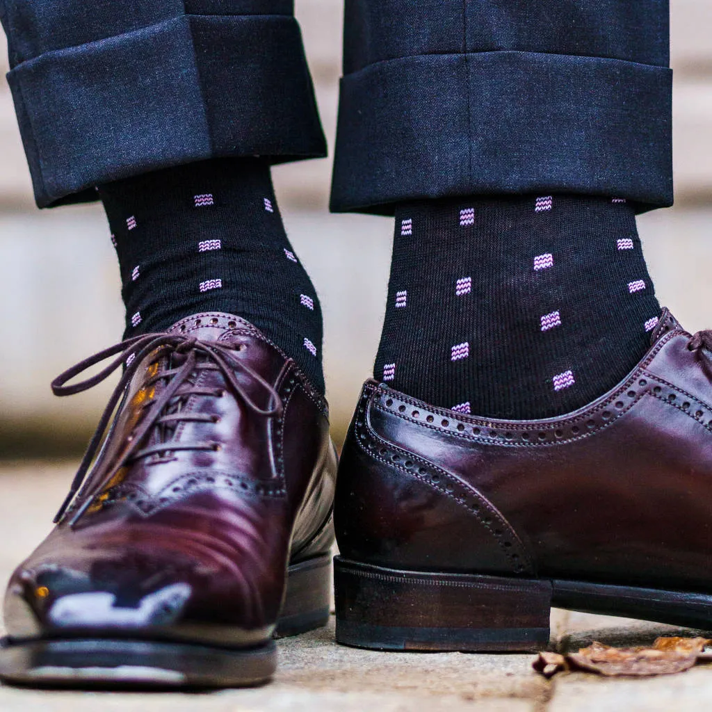 Purple Square Knots on Black Merino Wool Mid-Calf Dress Socks