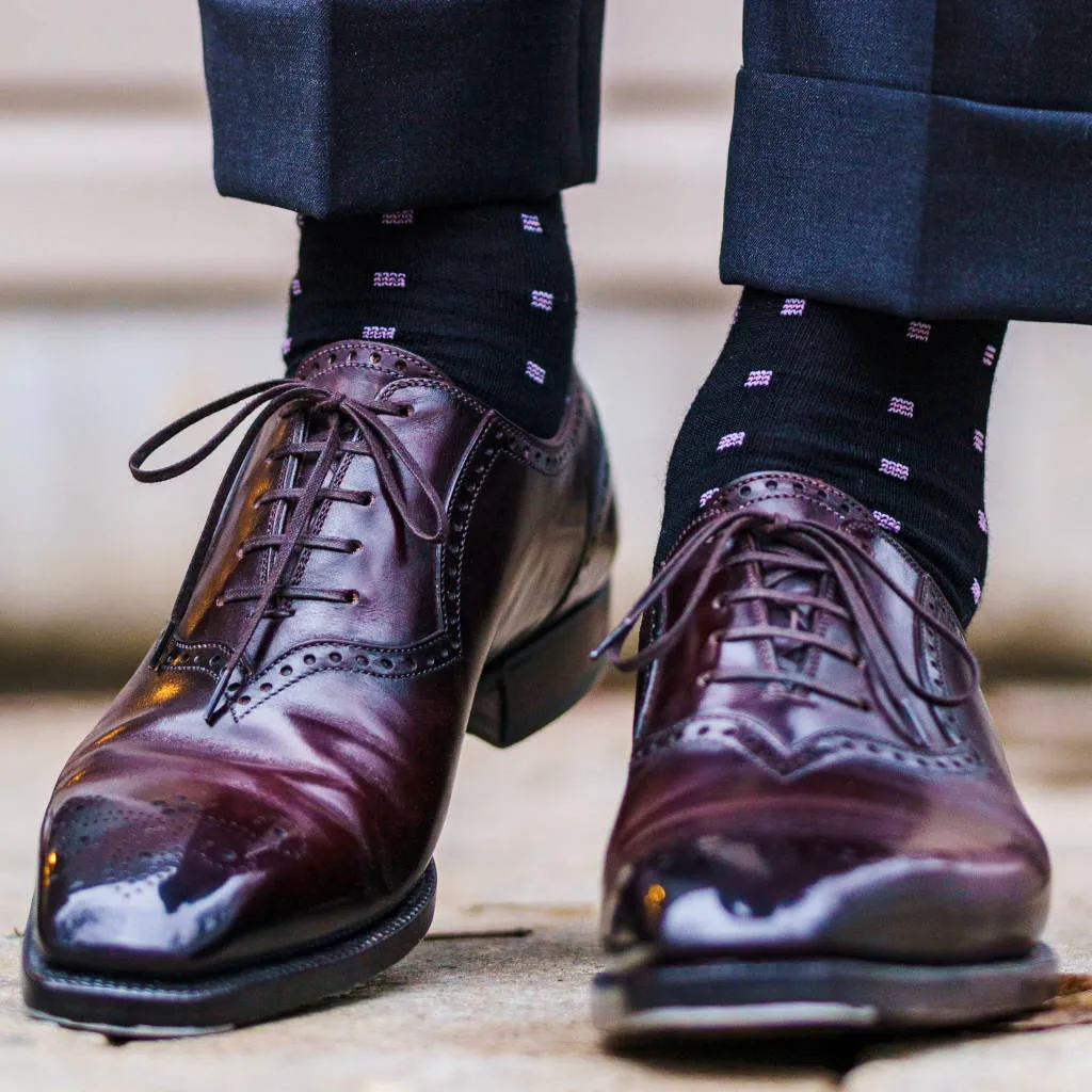 Purple Square Knots on Black Merino Wool Mid-Calf Dress Socks