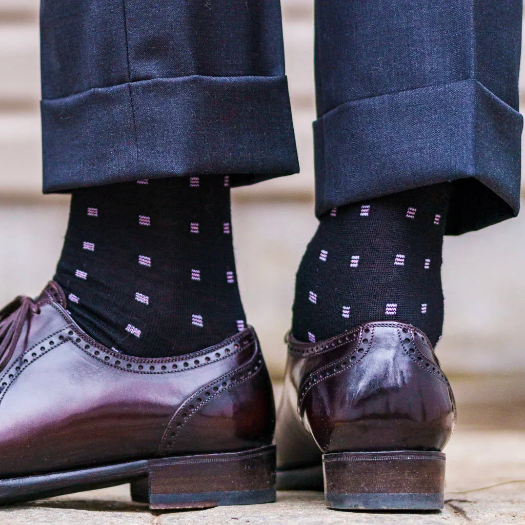 Purple Square Knots on Black Merino Wool Mid-Calf Dress Socks