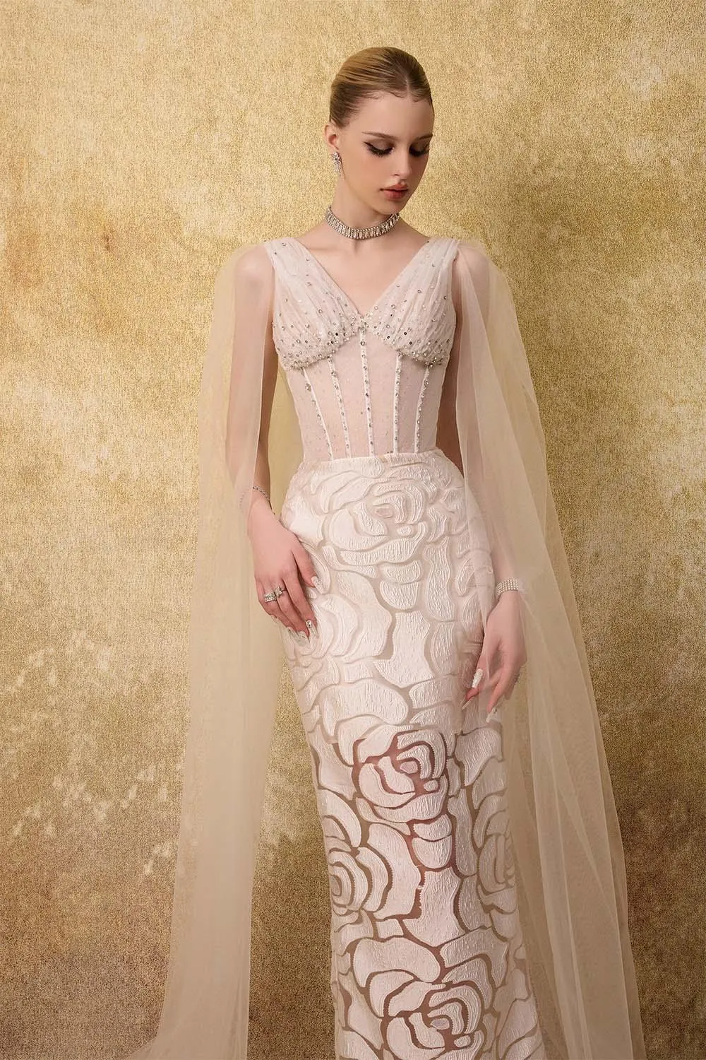 Regalia Sheath Cape Shoulder Mesh Lace Ankle Length Dress