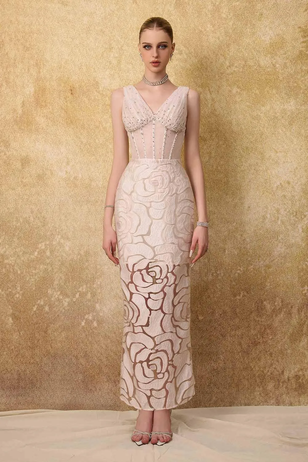 Regalia Sheath Cape Shoulder Mesh Lace Ankle Length Dress