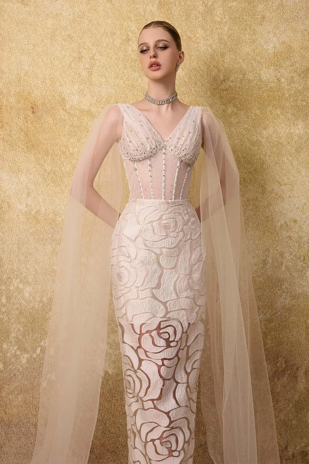 Regalia Sheath Cape Shoulder Mesh Lace Ankle Length Dress