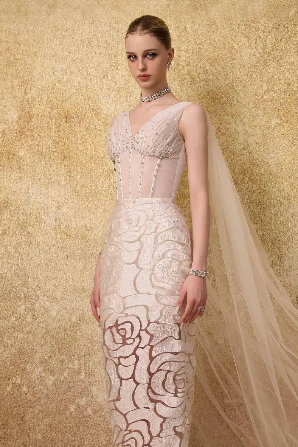 Regalia Sheath Cape Shoulder Mesh Lace Ankle Length Dress