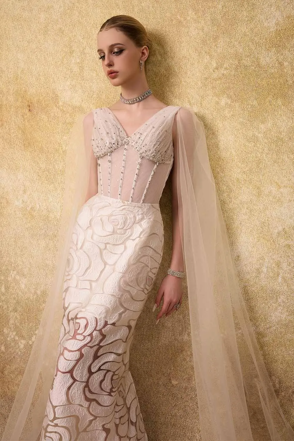 Regalia Sheath Cape Shoulder Mesh Lace Ankle Length Dress