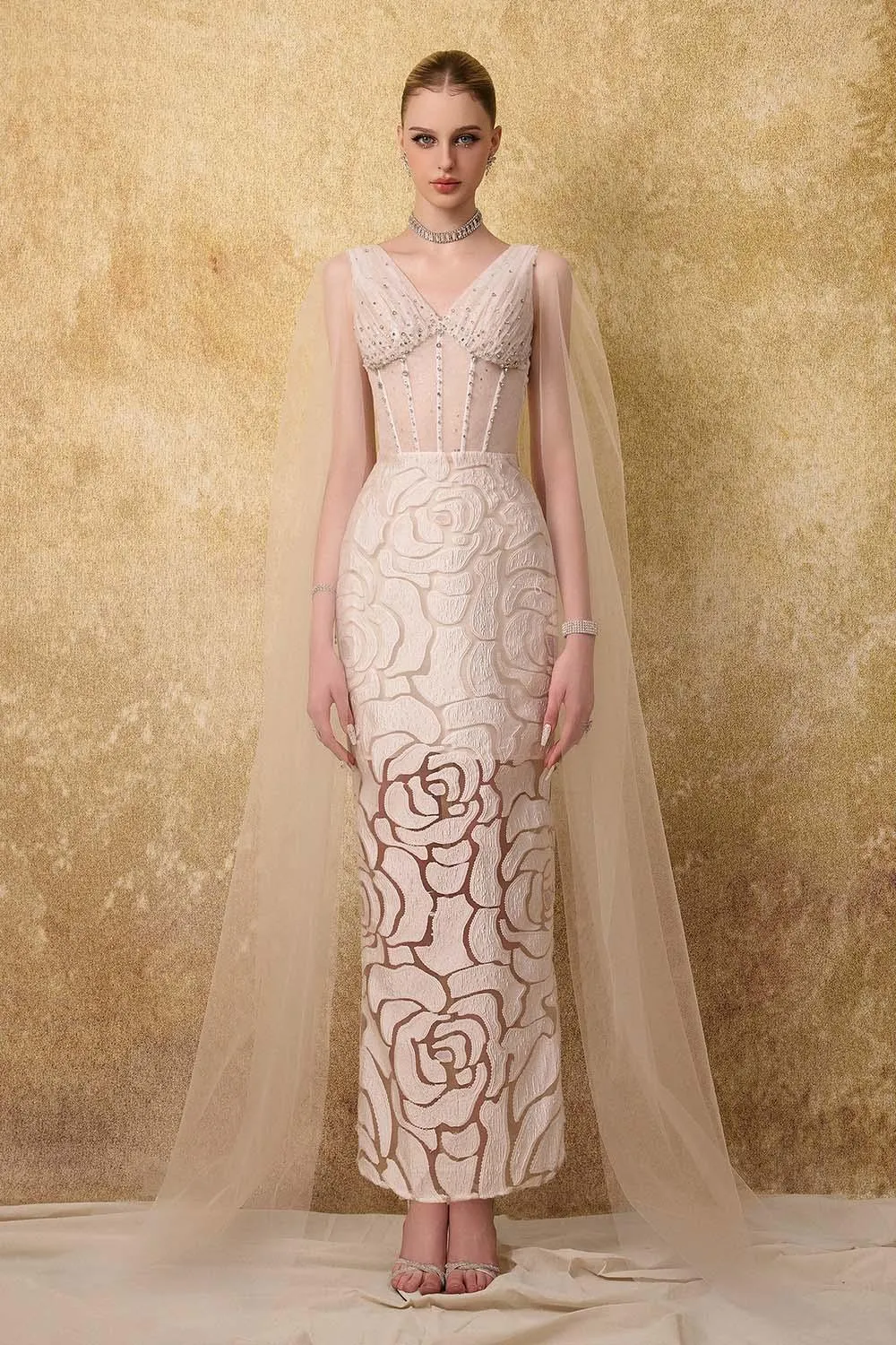 Regalia Sheath Cape Shoulder Mesh Lace Ankle Length Dress