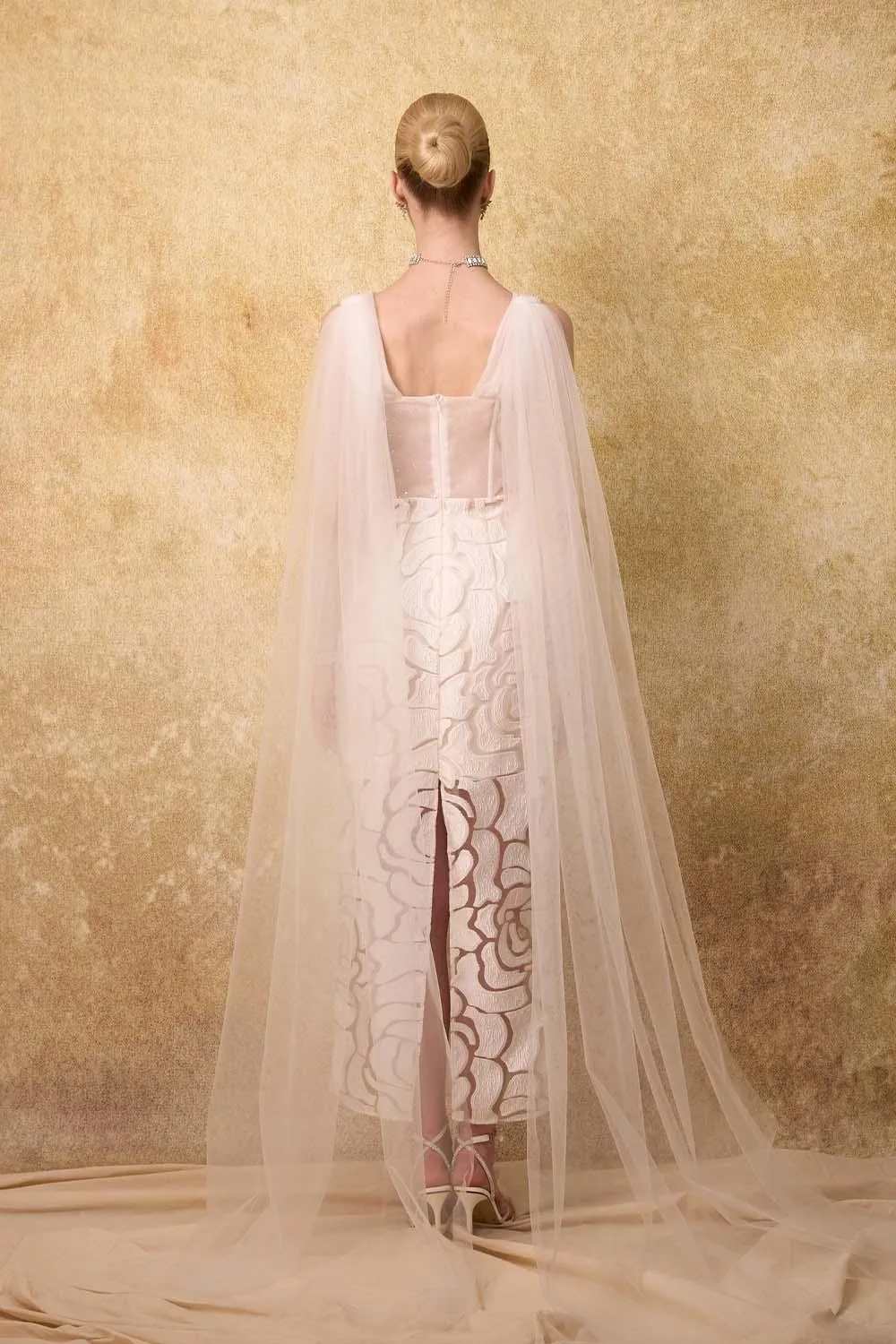 Regalia Sheath Cape Shoulder Mesh Lace Ankle Length Dress