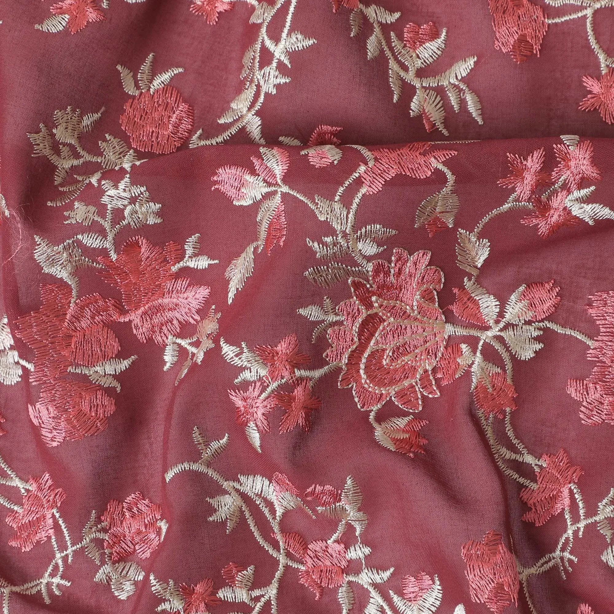 Ruby red cotton voile fabric with red and gold embriodery in floral design-11232