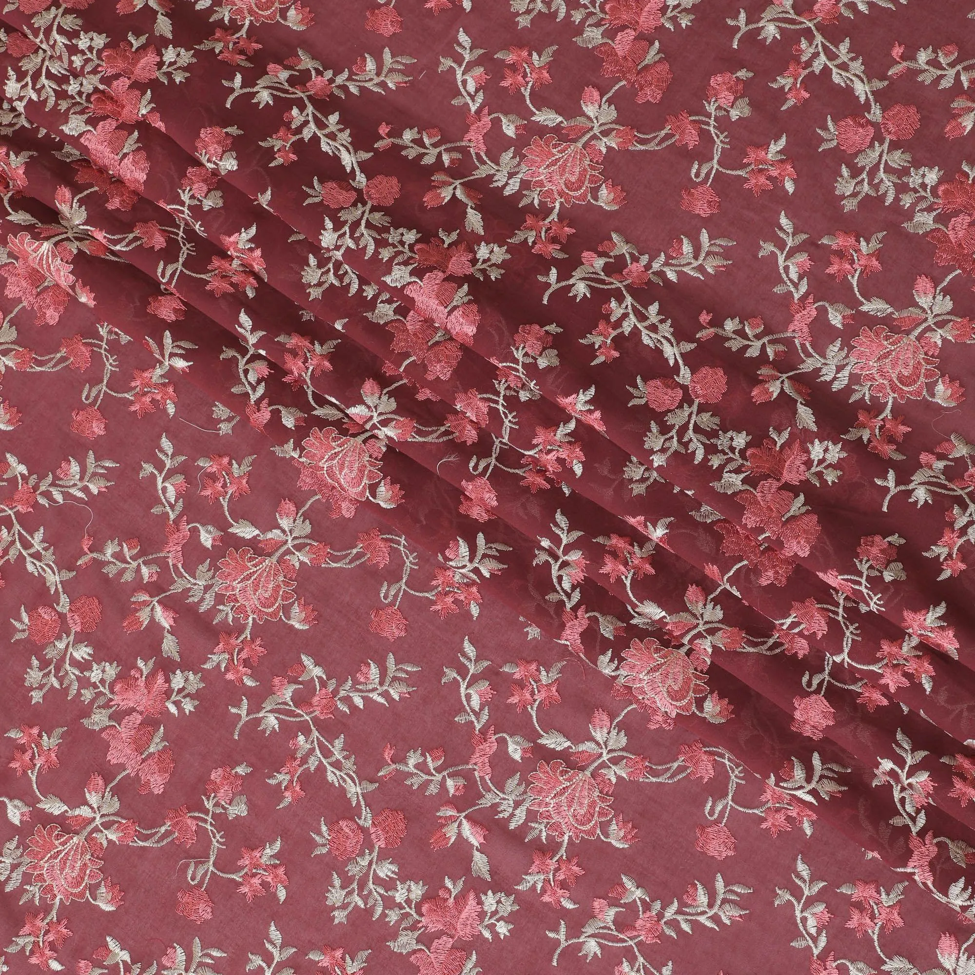 Ruby red cotton voile fabric with red and gold embriodery in floral design-11232