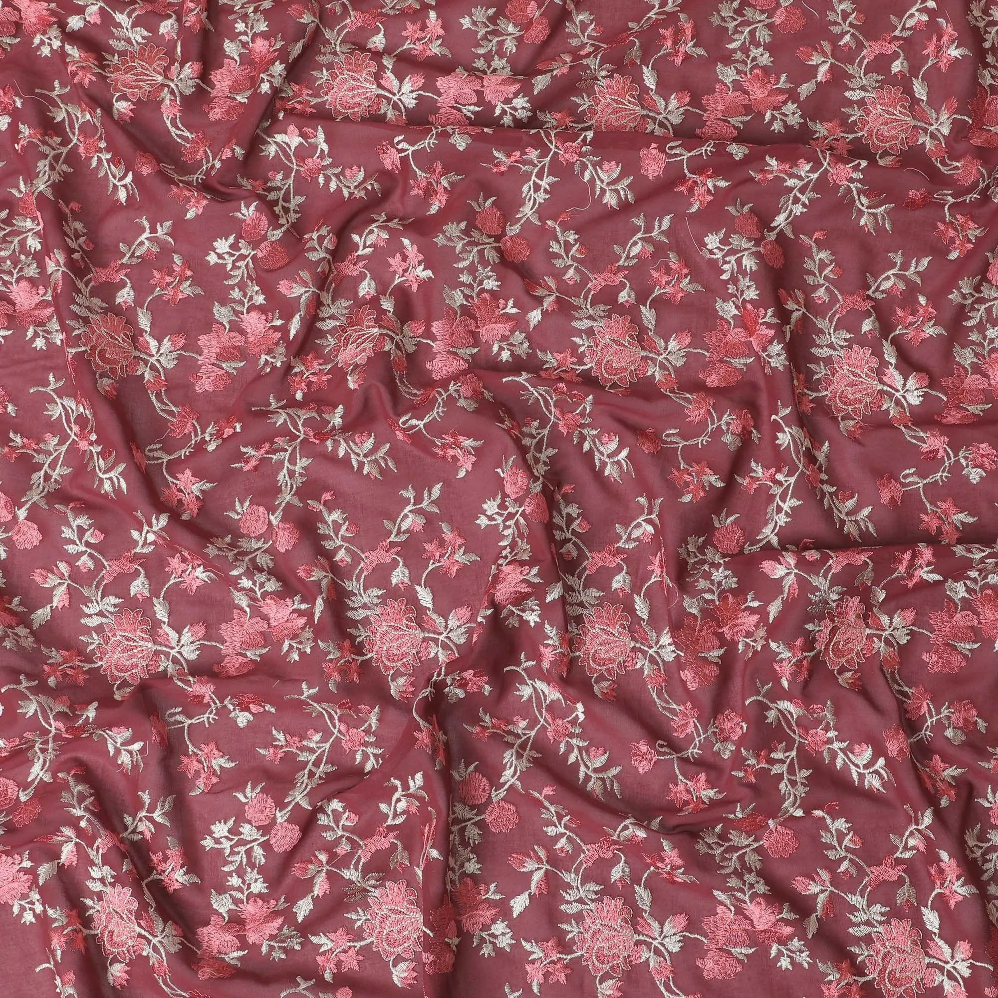 Ruby red cotton voile fabric with red and gold embriodery in floral design-11232