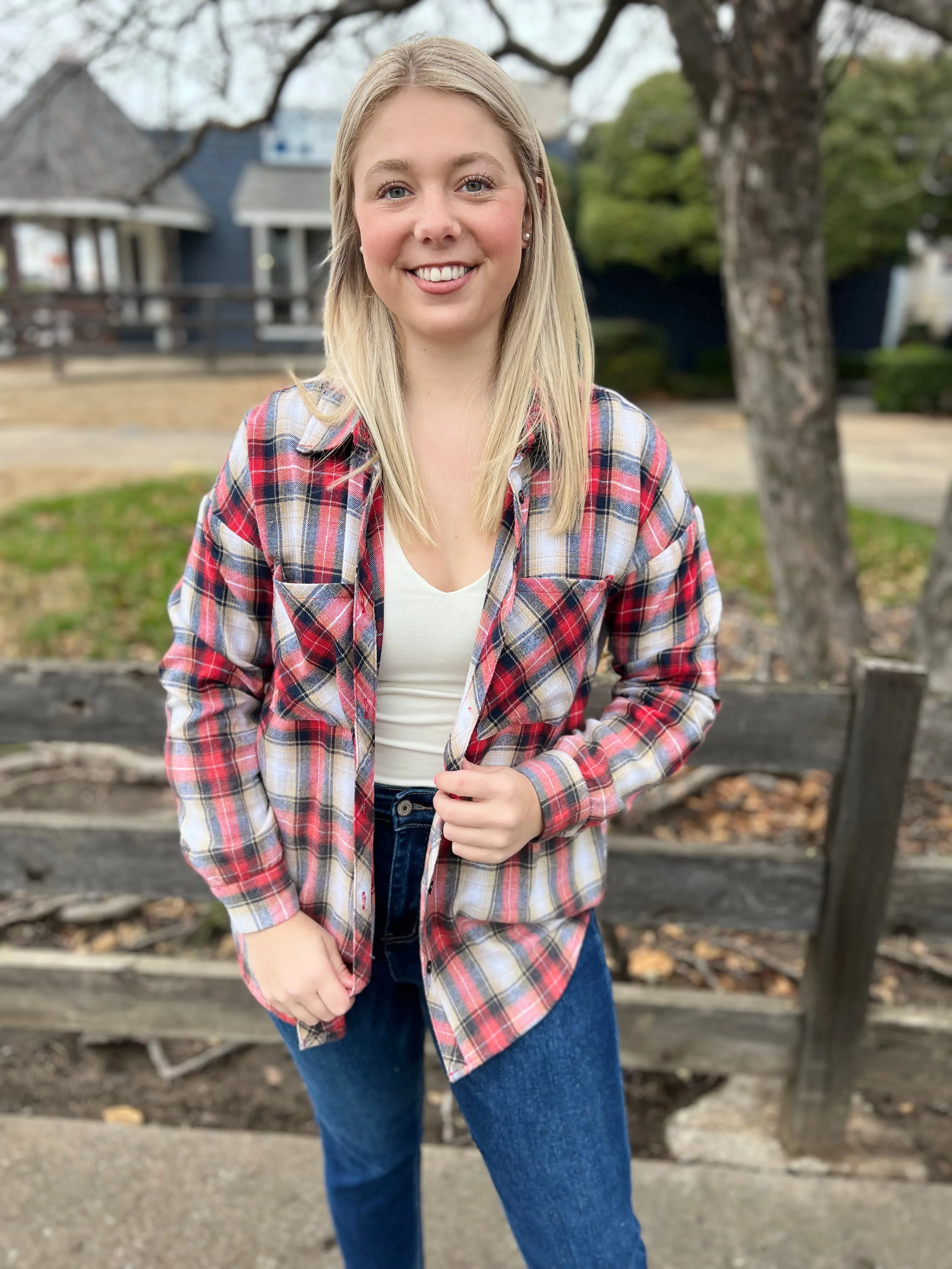 Santa Tell Me Bleached Plaid Top