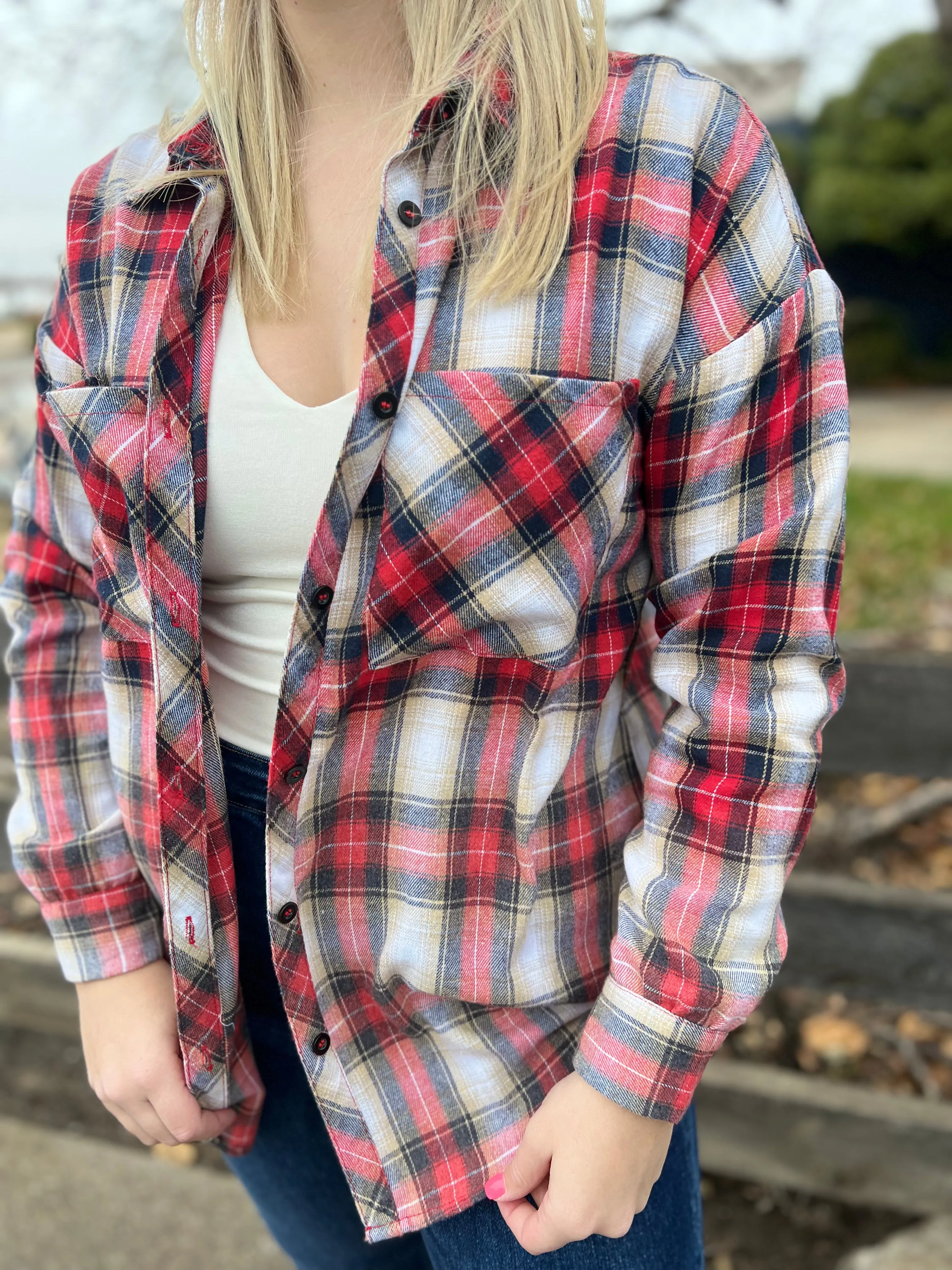 Santa Tell Me Bleached Plaid Top