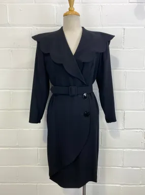 Vintage 1980s Guy Laroche Black Wool Crepe Coat Dress, Small