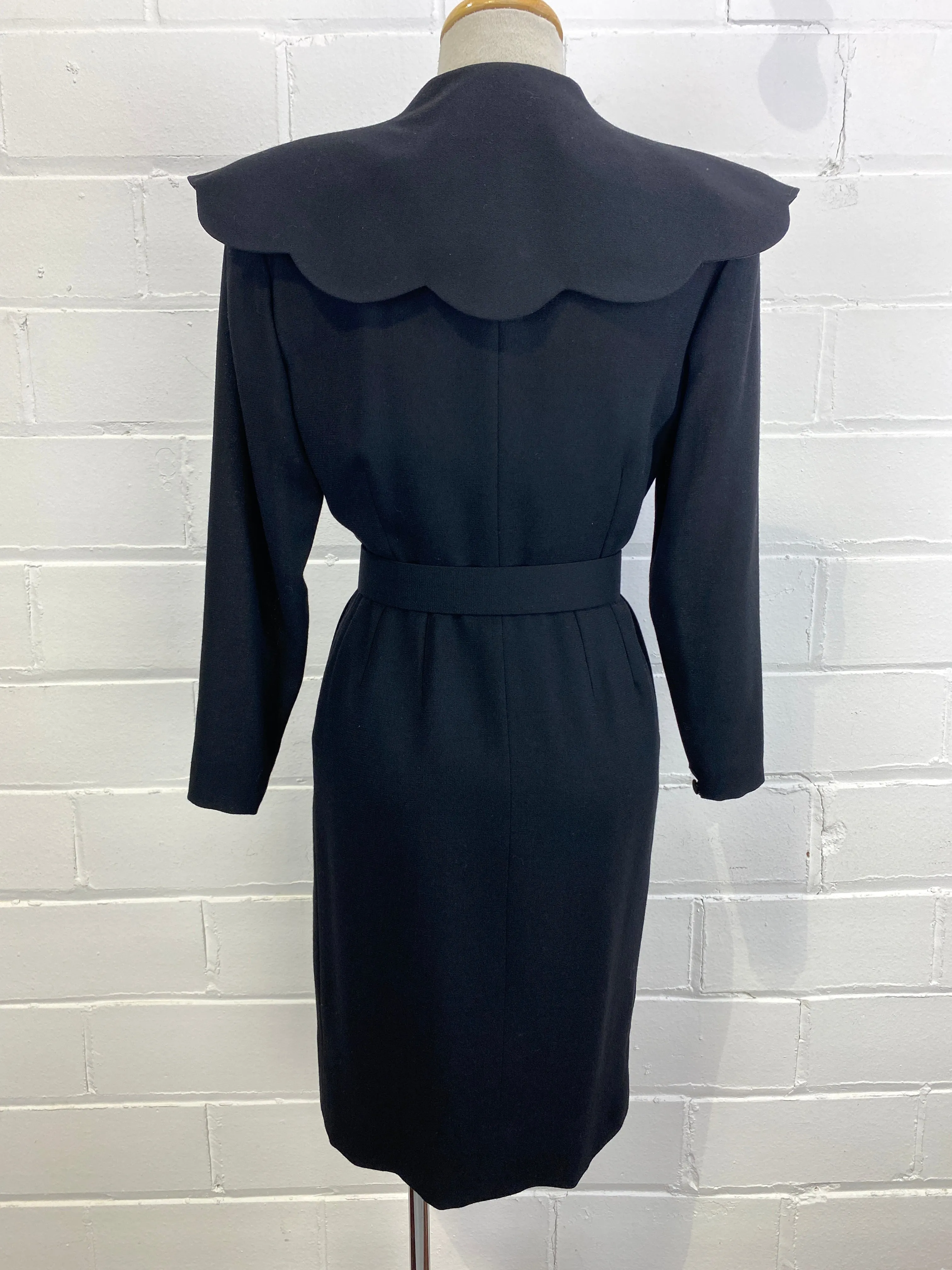 Vintage 1980s Guy Laroche Black Wool Crepe Coat Dress, Small