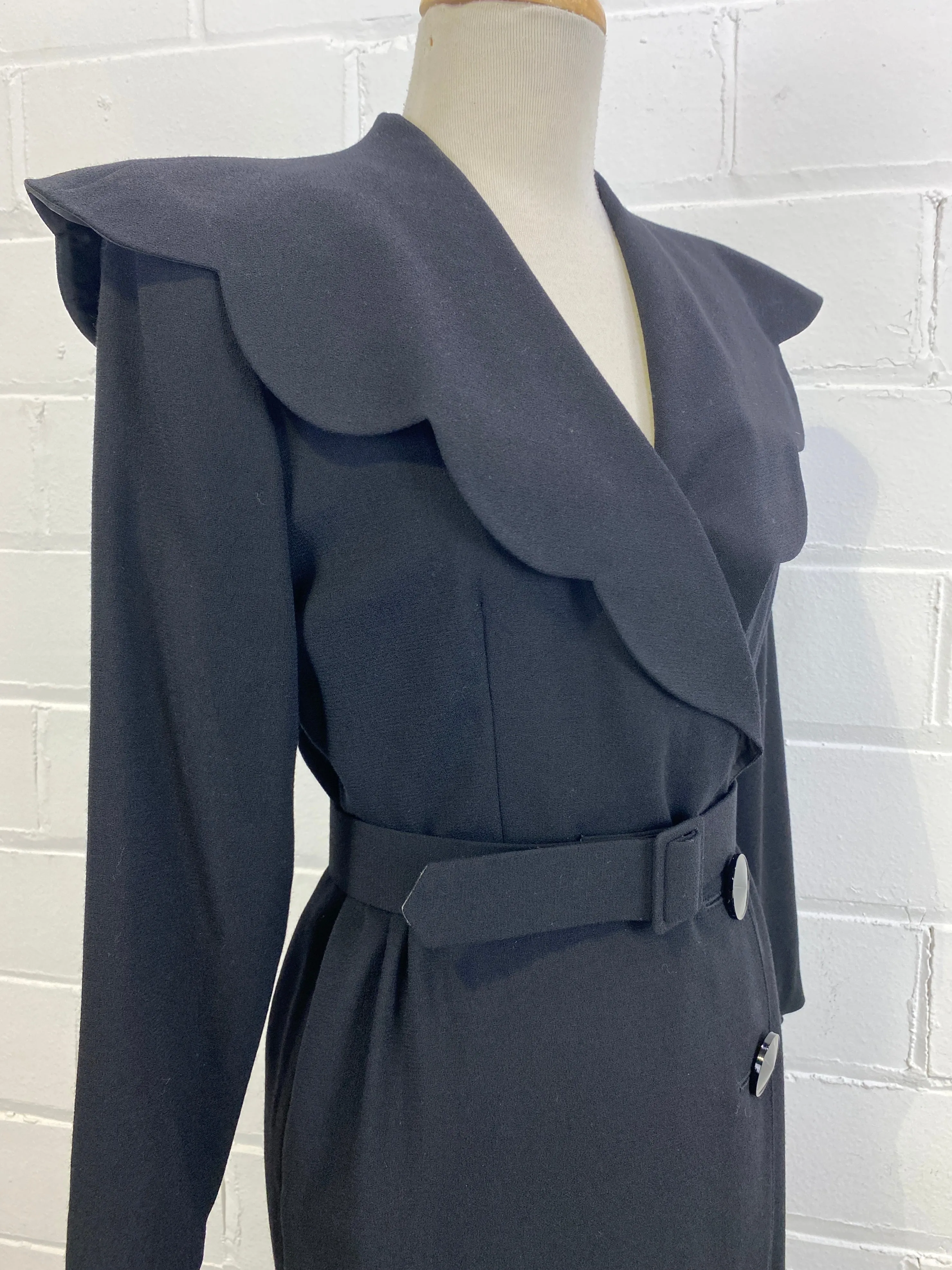 Vintage 1980s Guy Laroche Black Wool Crepe Coat Dress, Small